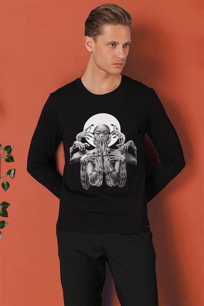 Slim Fit Baskılı Bisiklet Yaka Esnek Pamuk Siyah Tişört Ts 869