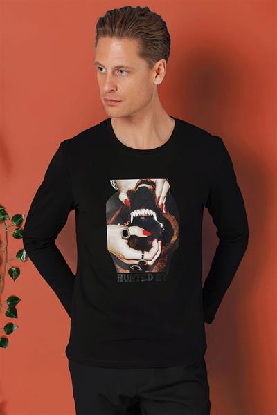 Slim Fit Baskılı Bisiklet Yaka Esnek Pamuk Siyah Tişört Ts 867