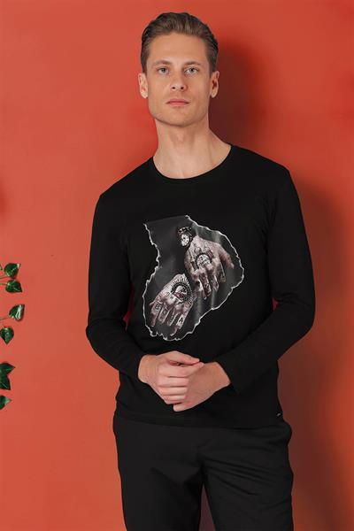 Slim Fit Baskılı Bisiklet Yaka Esnek Pamuk Siyah Tişört Ts 866
