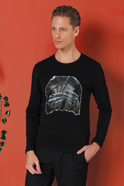 Slim Fit Baskılı Bisiklet Yaka Esnek Pamuk Siyah Tişört Ts 868