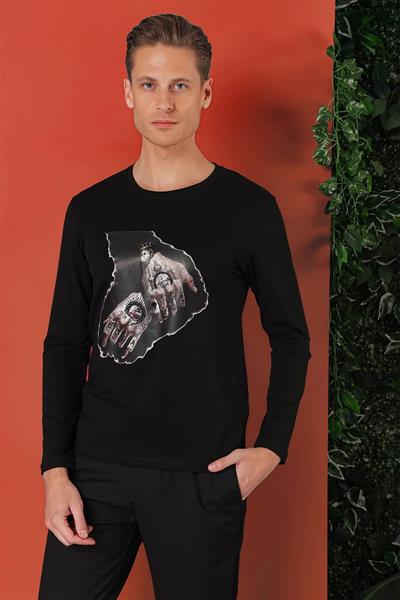 Slim Fit Baskılı Bisiklet Yaka Esnek Pamuk Siyah Tişört Ts 866