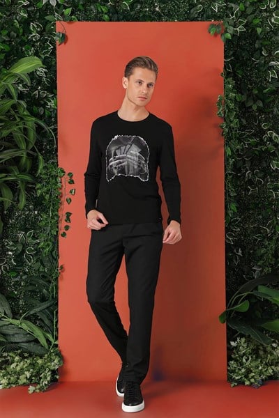 Slim Fit Baskılı Bisiklet Yaka Esnek Pamuk Siyah Tişört Ts 868
