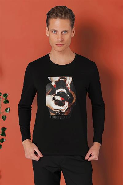 Slim Fit Baskılı Bisiklet Yaka Esnek Pamuk Siyah Tişört Ts 867