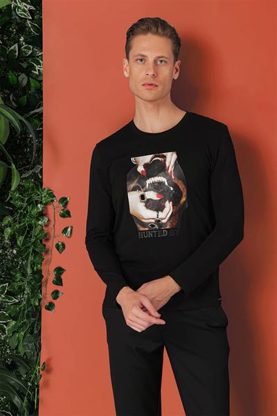 Slim Fit Baskılı Bisiklet Yaka Esnek Pamuk Siyah Tişört Ts 867