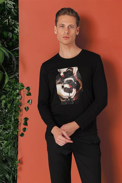 Slim Fit Baskılı Bisiklet Yaka Esnek Pamuk Siyah Tişört Ts 867