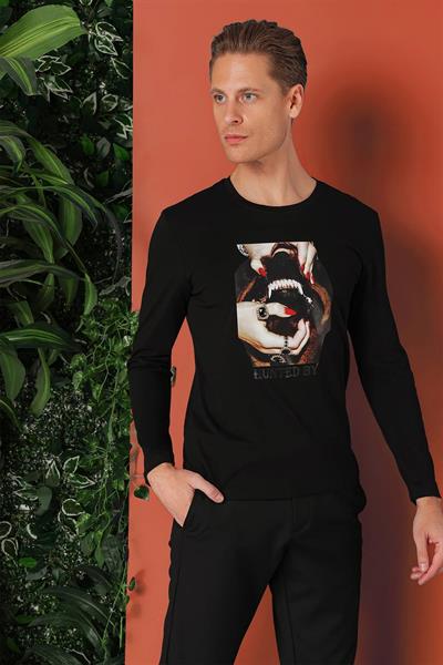 Slim Fit Baskılı Bisiklet Yaka Esnek Pamuk Siyah Tişört Ts 867