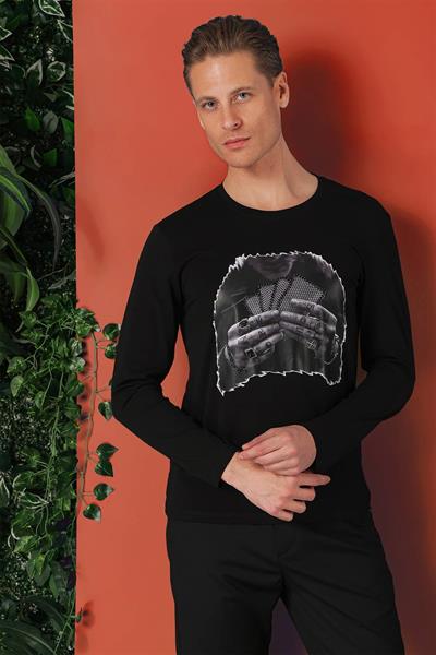 Slim Fit Baskılı Bisiklet Yaka Esnek Pamuk Siyah Tişört Ts 868