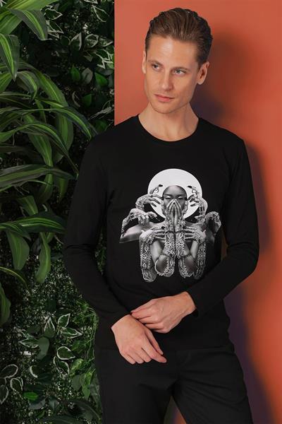 Slim Fit Baskılı Bisiklet Yaka Esnek Pamuk Siyah Tişört Ts 869