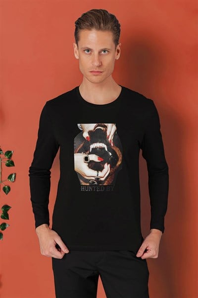Slim Fit Baskılı Bisiklet Yaka Esnek Pamuk Siyah Tişört Ts 867