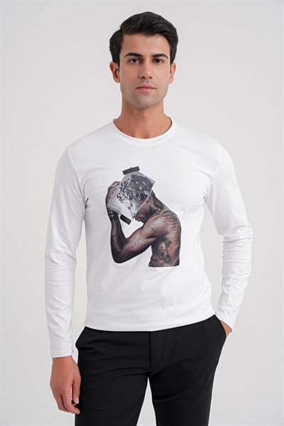 Slim Fit Baskılı Pamuklu Uzun Kollu Beyaz Tişört TS 862