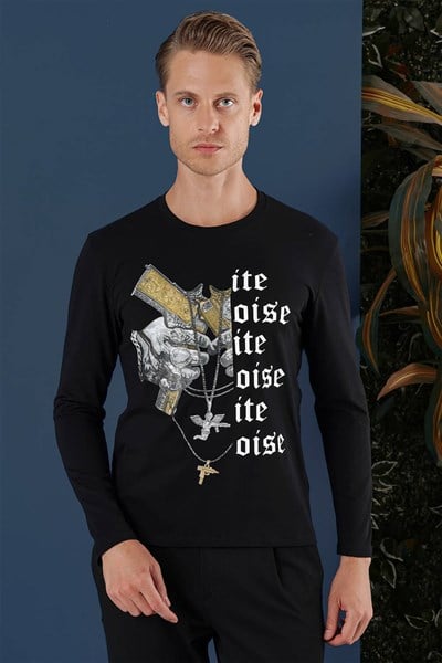 Slim Fit Baskılı Pamuklu Uzun Kollu Siyah Tişört TS 864