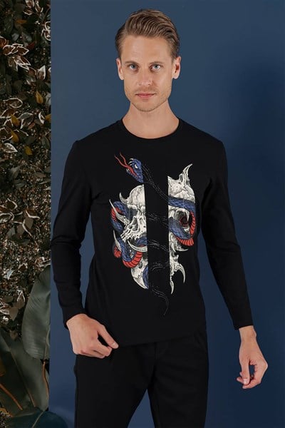 Slim Fit Baskılı Pamuklu Uzun Kollu Siyah Tişört TS 865