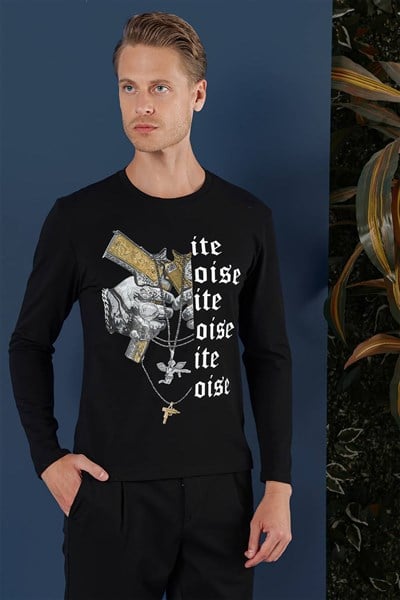 Slim Fit Baskılı Pamuklu Uzun Kollu Siyah Tişört TS 864