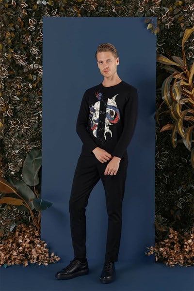 Slim Fit Baskılı Pamuklu Uzun Kollu Siyah Tişört TS 865
