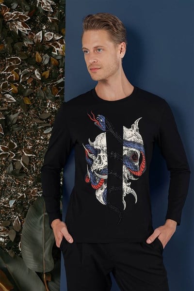 Slim Fit Baskılı Pamuklu Uzun Kollu Siyah Tişört TS 865