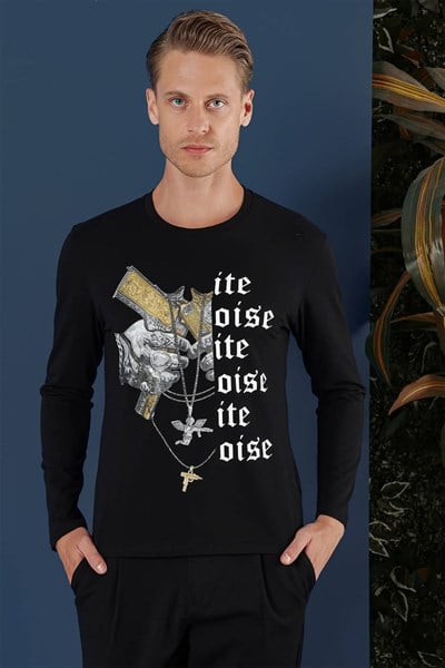 Slim Fit Baskılı Pamuklu Uzun Kollu Siyah Tişört TS 864