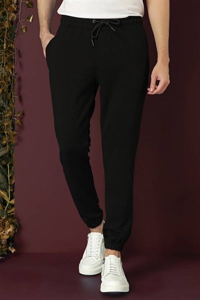 Slim Fit Beli İpli Paçası Lastikli Siyah Jogger Pantolon P 1140