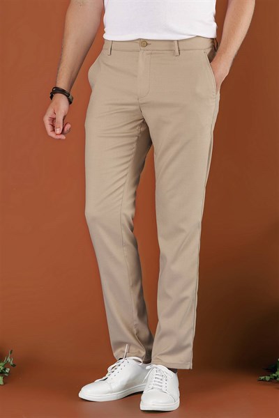 Slim Fit Beli Lastikli Esnek Pamuk Bej Pantolon P 1118