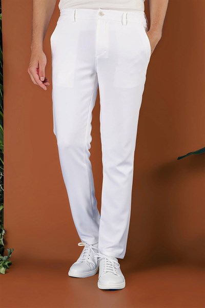 Slim Fit Beli Lastikli Esnek Pamuk Beyaz Pantolon P 1116