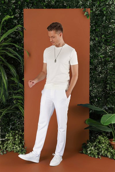 Slim Fit Beli Lastikli Esnek Pamuk Beyaz Pantolon P 1116