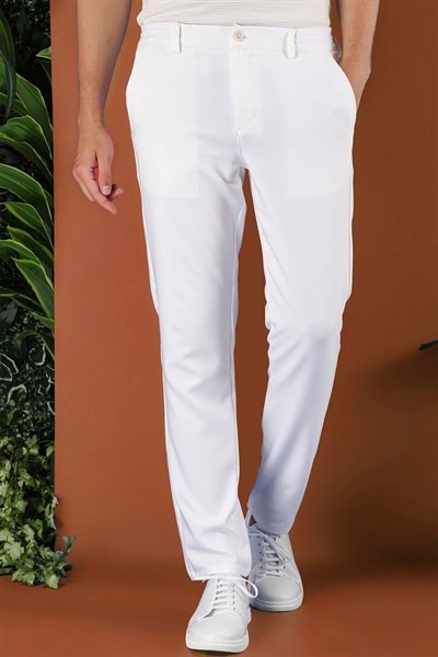Slim Fit Beli Lastikli Esnek Pamuk Beyaz Pantolon P 1116