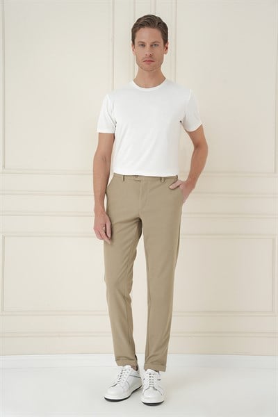 Slim Fit Beli Lastikli Esnek Pamuklu Bej Pantolon P 1171