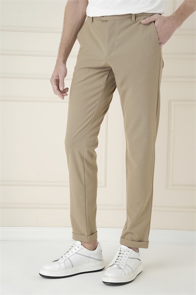 Slim Fit Beli Lastikli Esnek Pamuklu Bej Pantolon P 1171