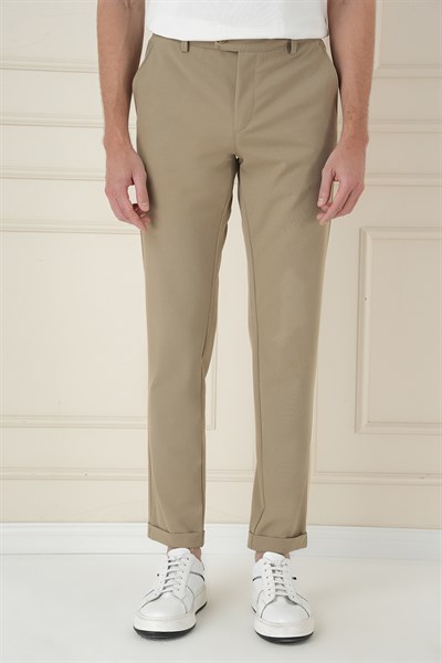 Slim Fit Beli Lastikli Esnek Pamuklu Bej Pantolon P 1171