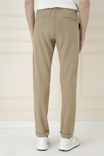 Slim Fit Beli Lastikli Esnek Pamuklu Bej Pantolon P 1171