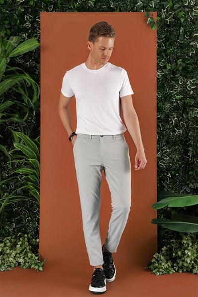 Slim Fit Beli Lastikli Esnek Pamuklu Gri Pantolon P 1122