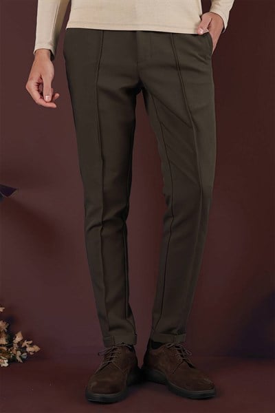 Slim Fit Beli Lastikli Önden Pens Detaylı Esnek Pamuklu Haki Pantolon P 1130