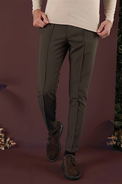Slim Fit Beli Lastikli Önden Pens Detaylı Esnek Pamuklu Haki Pantolon P 1130