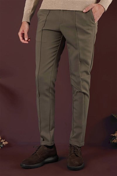 Slim Fit Beli Lastikli Önden Pens Detaylı Esnek Pamuklu Bej Pantolon P 1130