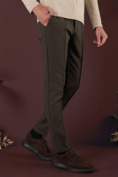Slim Fit Beli Lastikli Önden Pens Detaylı Esnek Pamuklu Haki Pantolon P 1130