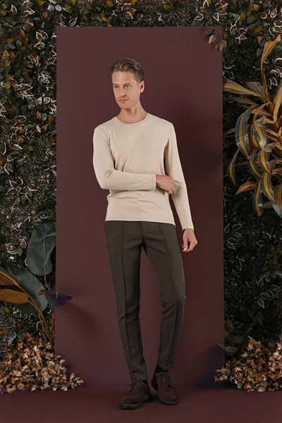 Slim Fit Beli Lastikli Önden Pens Detaylı Esnek Pamuklu Haki Pantolon P 1130