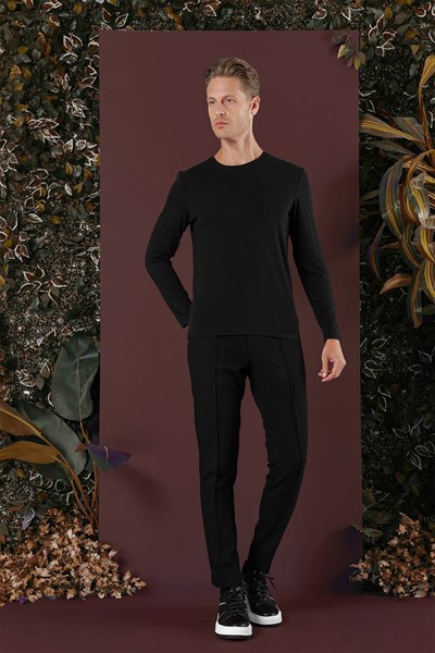 Slim Fit Beli Lastikli Önden Pens Detaylı Esnek Pamuklu Siyah Pantolon P 1130