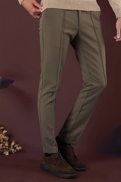 Slim Fit Beli Lastikli Önden Pens Detaylı Esnek Pamuklu Bej Pantolon P 1130
