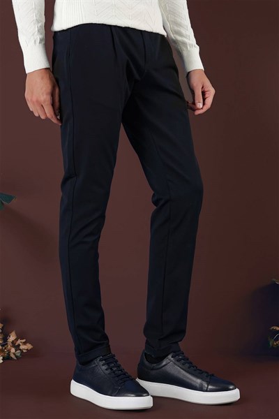 Slim Fit Beli Lastikli Pileli Esnek Yünlü Lacivert Pantolon P 1131
