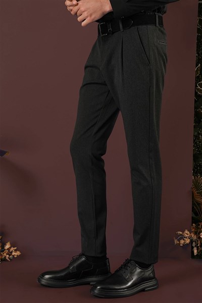 Slim Fit Beli Lastikli Pileli Esnek Yünlü Antrasit Pantolon P 1131