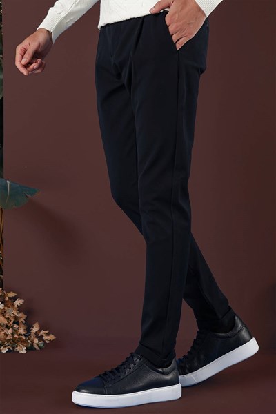 Slim Fit Beli Lastikli Pileli Esnek Yünlü Lacivert Pantolon P 1131