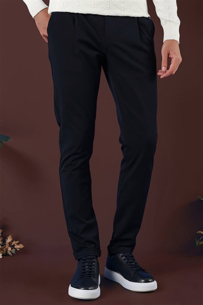 Slim Fit Beli Lastikli Pileli Esnek Yünlü Lacivert Pantolon P 1131