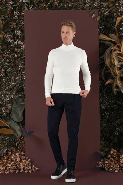 Slim Fit Beli Lastikli Pileli Esnek Yünlü Lacivert Pantolon P 1131