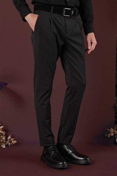 Slim Fit Beli Lastikli Pileli Esnek Yünlü Antrasit Pantolon P 1131