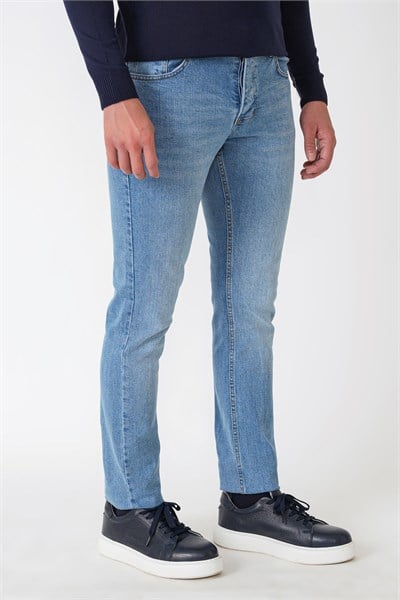 Slim Fit Beş Cepli Likralı Yıkamalı Mavi Jean Kot Pantolon Denim 135