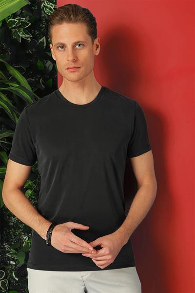 Slim Fit Bisiklet Yaka %100 Pamuk Antrasit Tişört Ts 878