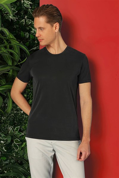 Slim Fit Bisiklet Yaka %100 Pamuk Antrasit Tişört Ts 878