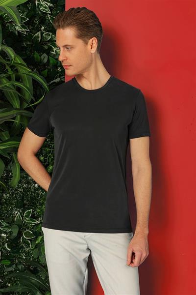 Slim Fit Bisiklet Yaka %100 Pamuk Antrasit Tişört Ts 878