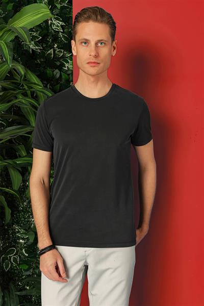 Slim Fit Bisiklet Yaka %100 Pamuk Antrasit Tişört Ts 878