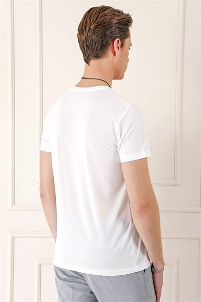Slim Fit Bisiklet Yaka %100 Pamuk Ekru Tişört Ts 878