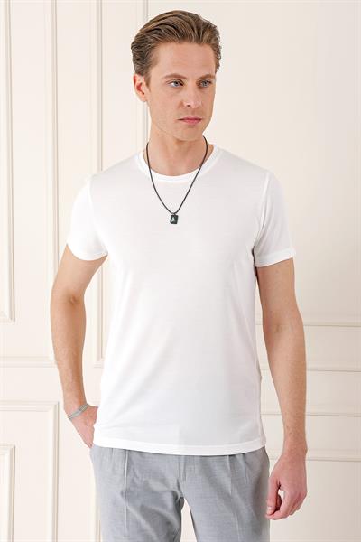 Slim Fit Bisiklet Yaka %100 Pamuk Ekru Tişört Ts 878